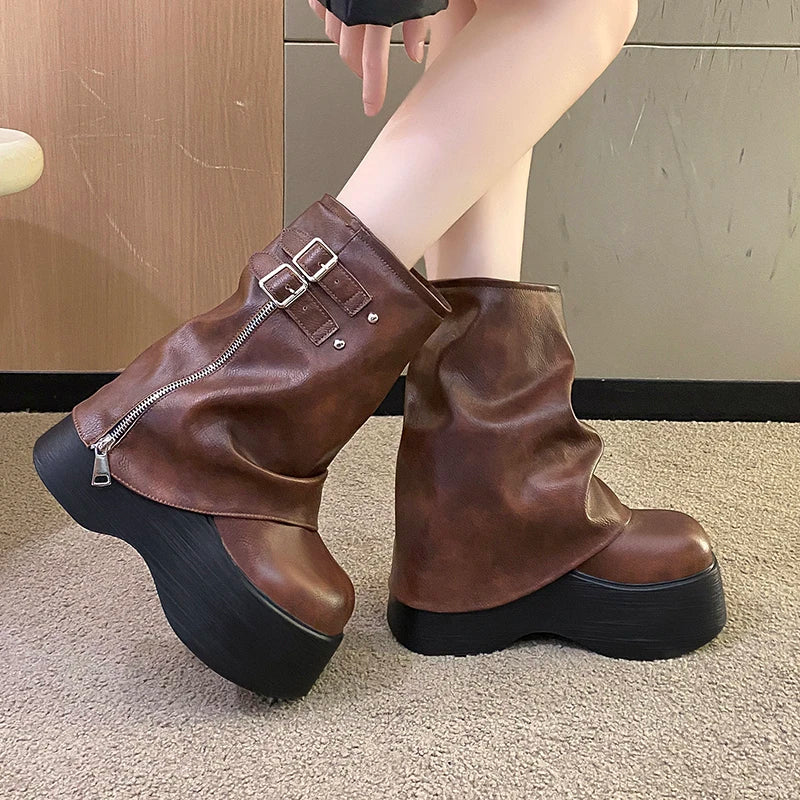 Gothic Plateau Schnallen Stiefel mit Reißverschluss bis zur Mitte der Wade