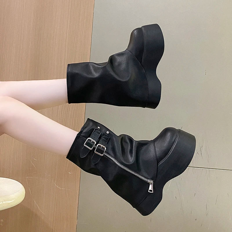 Gothic Plateau Schnallen Stiefel mit Reißverschluss bis zur Mitte der Wade