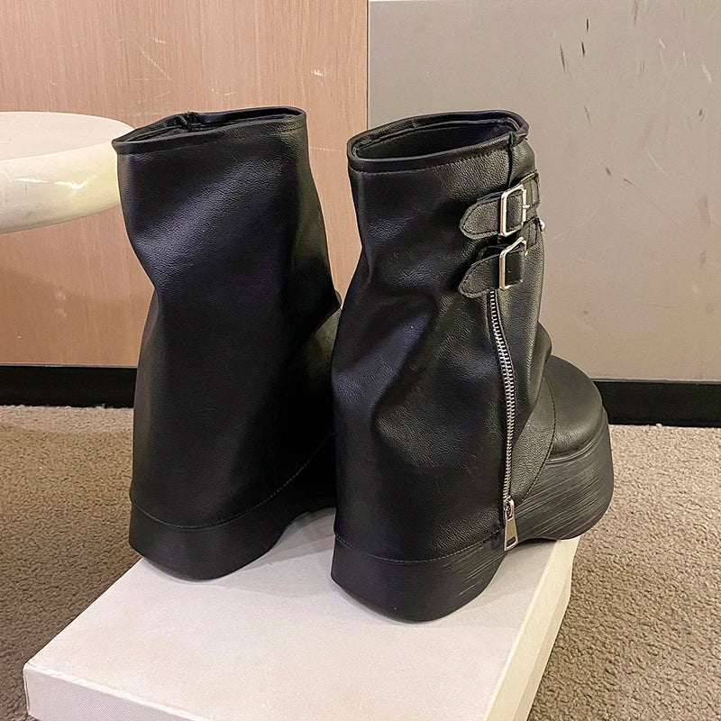Gothic Plateau Schnallen Stiefel mit Reißverschluss bis zur Mitte der Wade