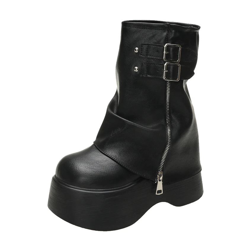 Gothic Plateau Schnallen Stiefel mit Reißverschluss bis zur Mitte der Wade