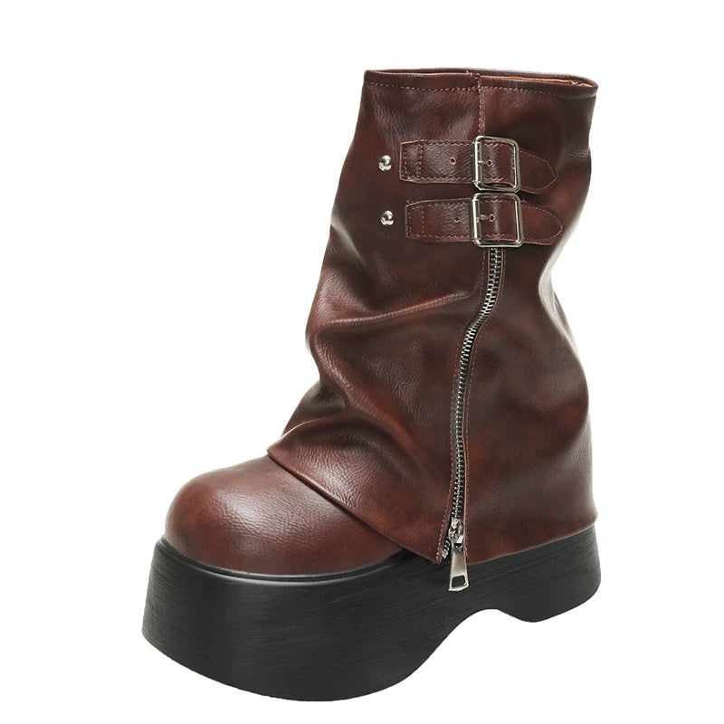 Gothic Plateau Schnallen Stiefel mit Reißverschluss bis zur Mitte der Wade