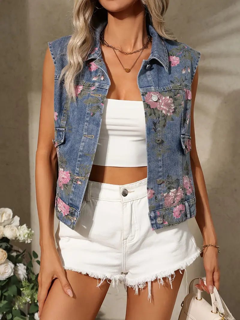 Ärmellose Damen - Jeansweste mit Blumenmuster im Vintage - Sommerstil - Livezo