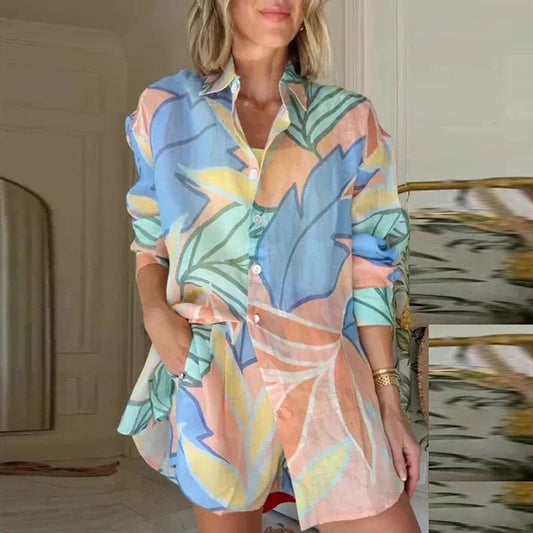 Damen Leinenmischung Bedruckte Bluse und Locker sitzende Shorts mit elastischem Bund Set - Livezo