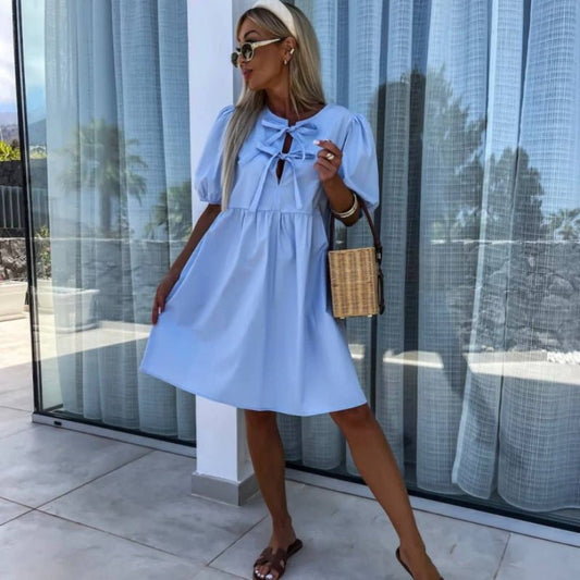 Damenkleid mit Puffärmeln und Schleifendetail - Livezo