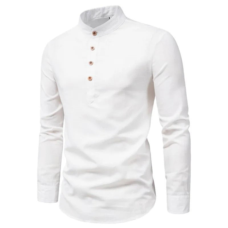 Elegant Linen Shirt with Stand - Up Collar - Harren Cole