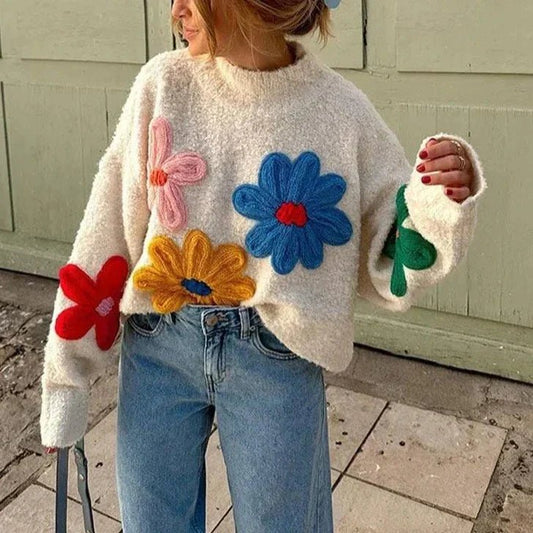 Eleganter floraler Strickpullover, gemütlich für stilvolle saisonale Lagenlooks - Livezo