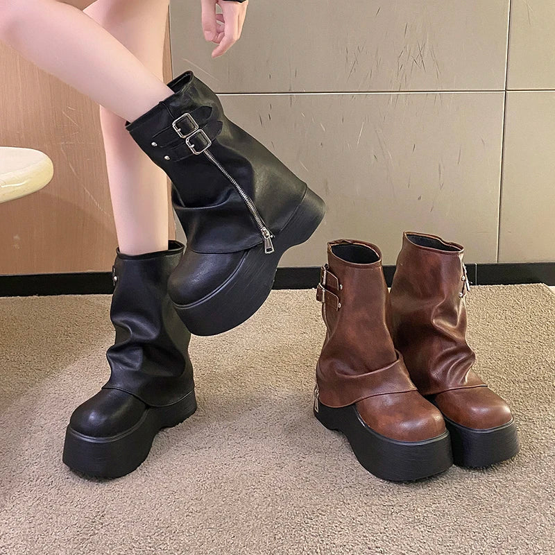 Gothic Plateau Schnallen Stiefel mit Reißverschluss bis zur Mitte der Wade