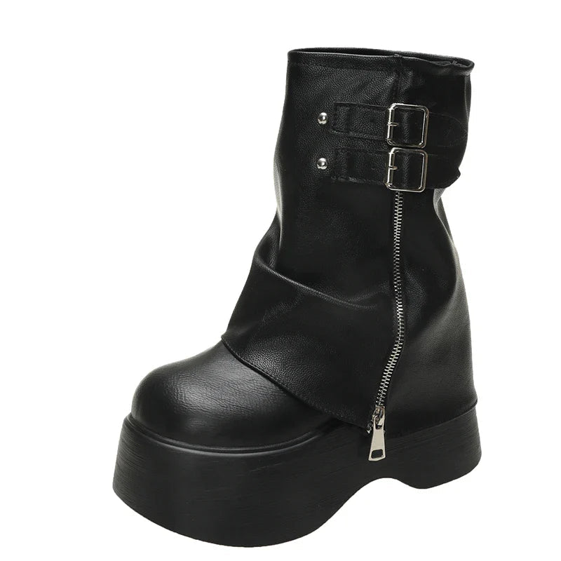 Gothic Plateau Schnallen Stiefel mit Reißverschluss bis zur Mitte der Wade