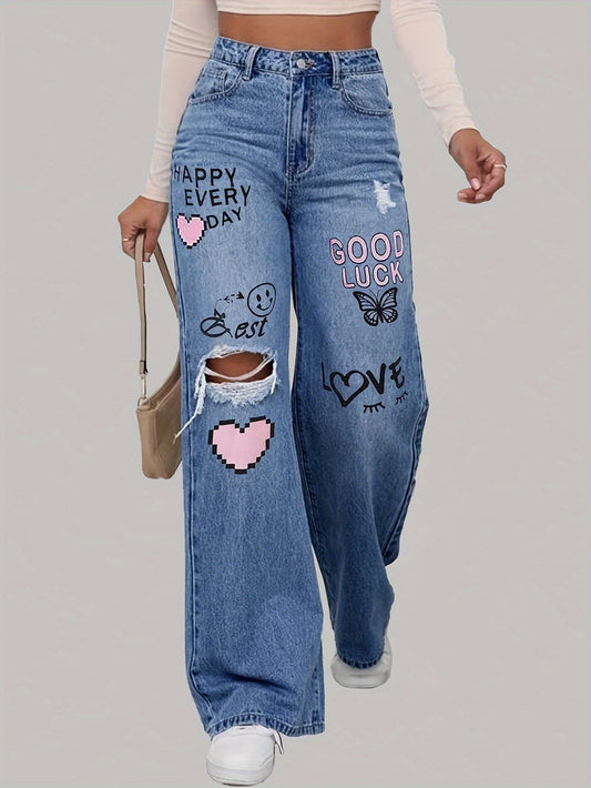 Fett bedruckte High - Waist Jeans mit weitem Bein - Livezo