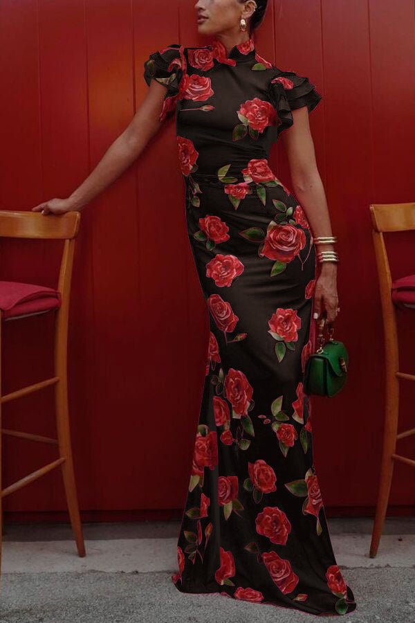 Florales Cheongsam - Maxikleid mit ausgestellten Ärmeln - Livezo