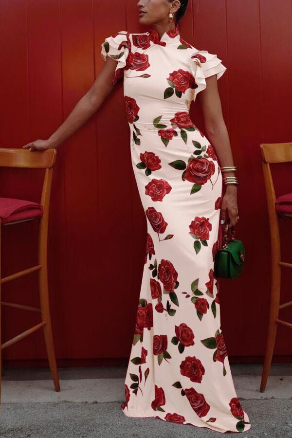 Florales Cheongsam - Maxikleid mit ausgestellten Ärmeln - Livezo