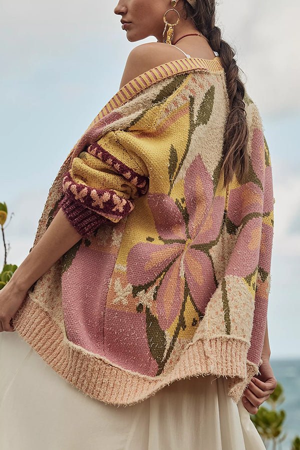 Gemütliche Strickjacke mit Blumenmuster, lockerem Schnitt und langen Ärmeln - Livezo