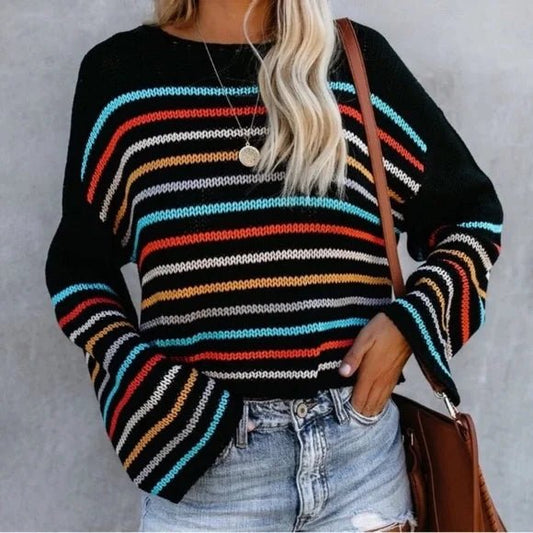 Gemütlicher gestreifter V - Ausschnitt Strickpullover für legere Lagenlooks - Livezo