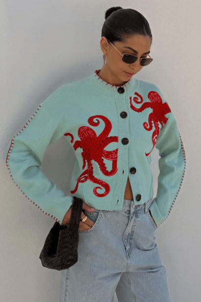 Gemütlicher Küsten - Strickcardigan mit nautischem Oktopus - Design - Livezo