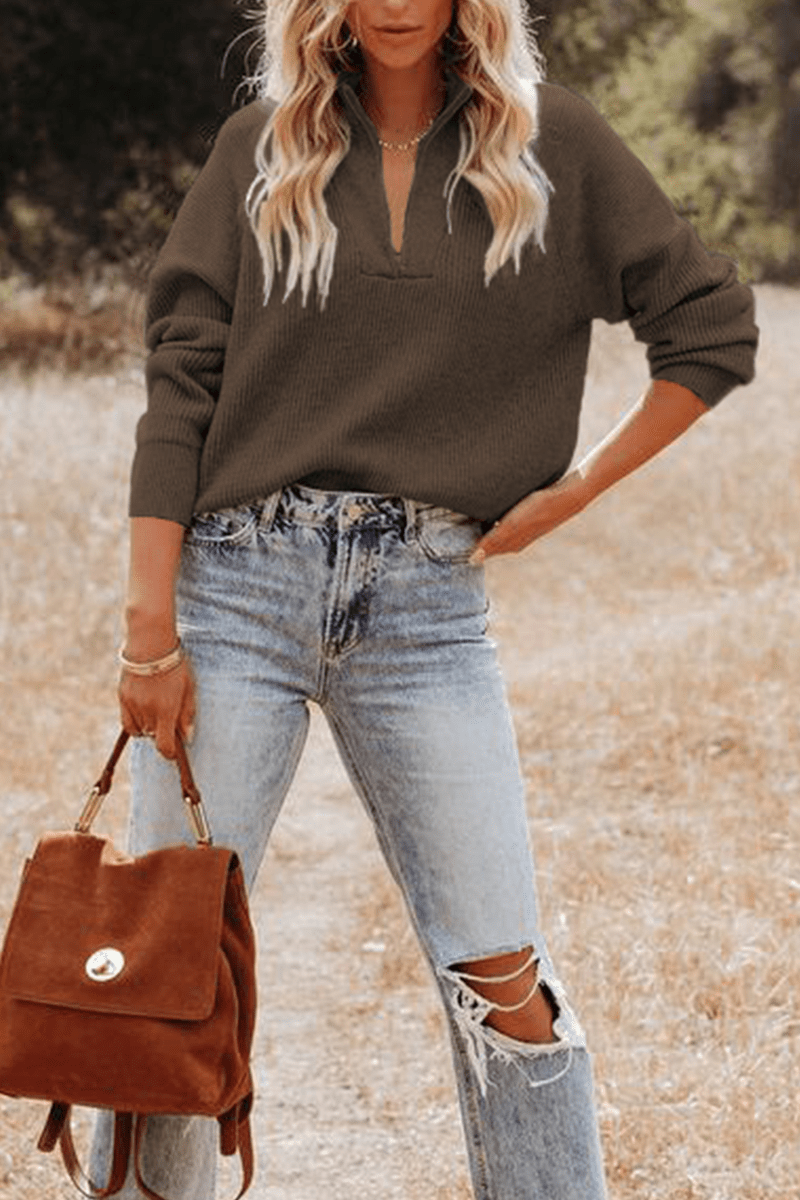 Gemütlicher lässiger Patchwork - Strickpullover mit Reißverschlusskragen - Livezo