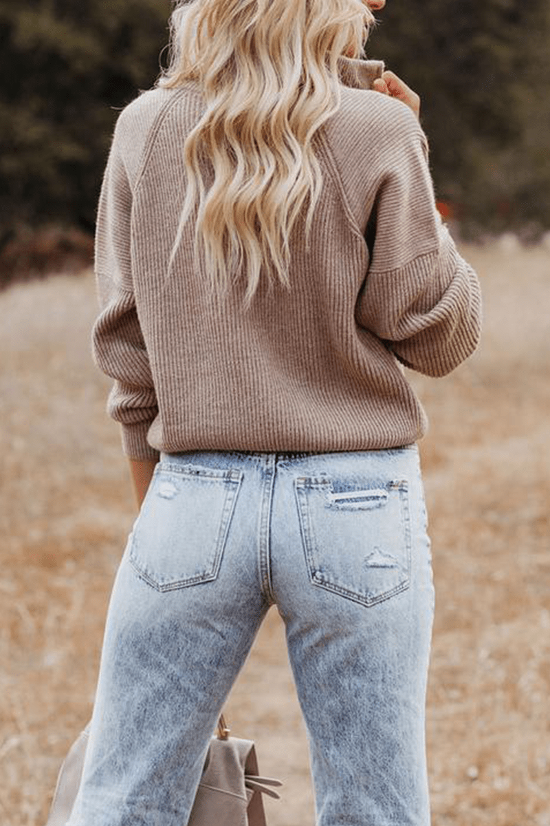 Gemütlicher lässiger Patchwork - Strickpullover mit Reißverschlusskragen - Livezo