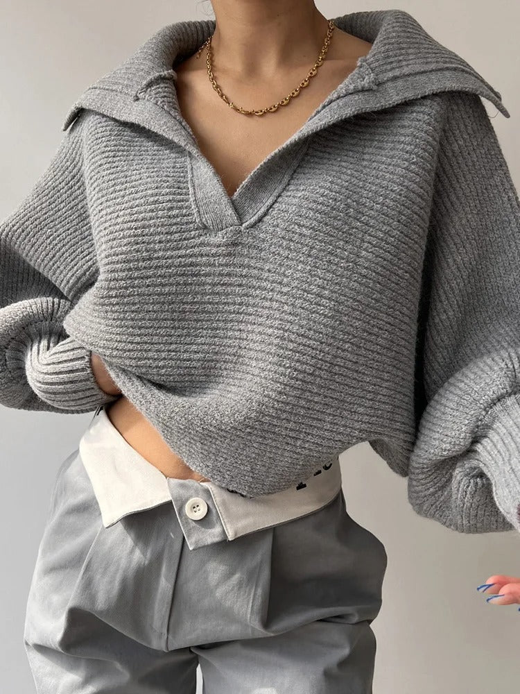 Gemütlicher Strickpullover mit Laternenärmeln und offenem Kragen - Livezo