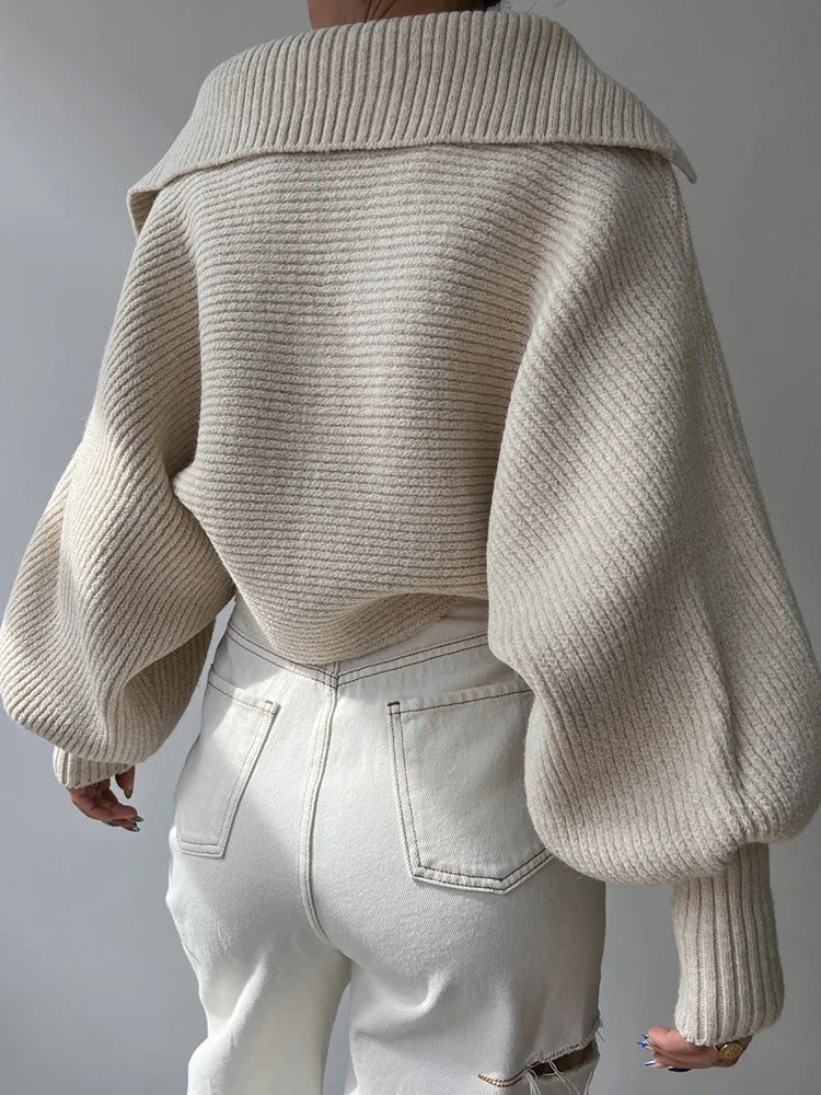 Gemütlicher Strickpullover mit Laternenärmeln und offenem Kragen - Livezo
