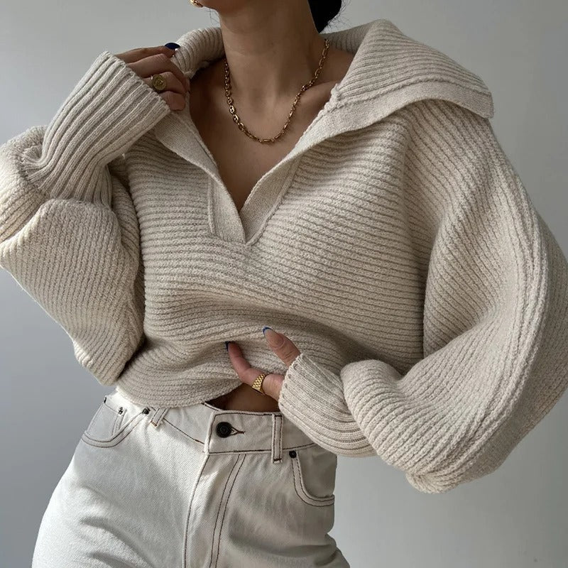 Gemütlicher Strickpullover mit Laternenärmeln und offenem Kragen - Livezo