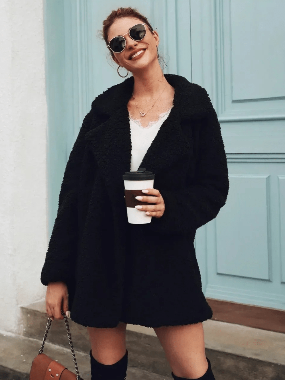 Gemütlicher Teddy - Plüsch - Kurzmantel mit Reverskragen - Livezo