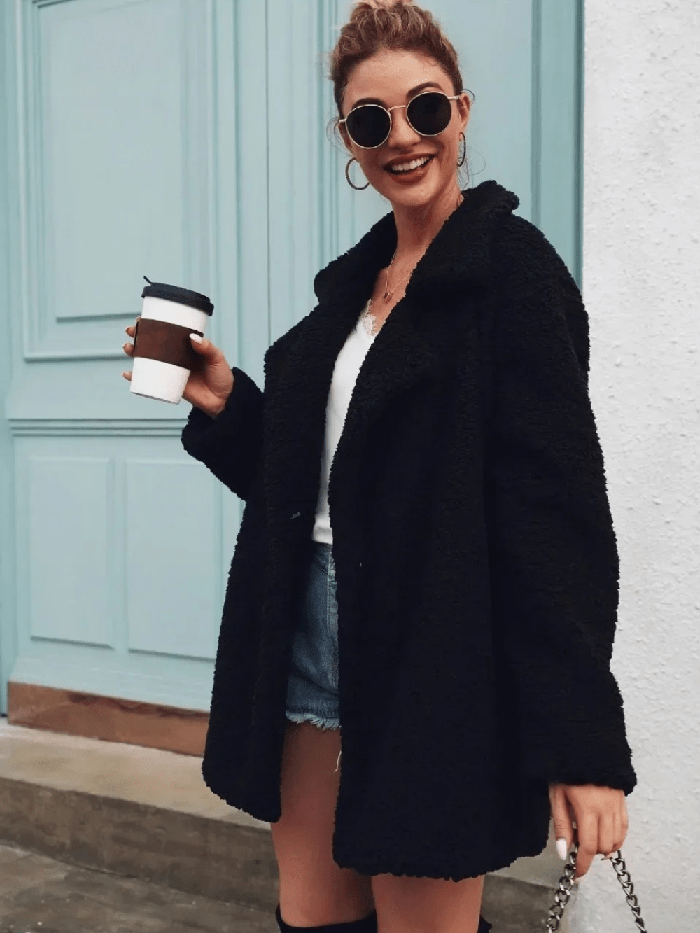 Gemütlicher Teddy - Plüsch - Kurzmantel mit Reverskragen - Livezo