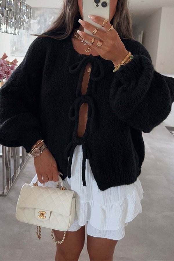 Gemütlicher V - Ausschnitt Strickpullover mit Schnürung - Livezo