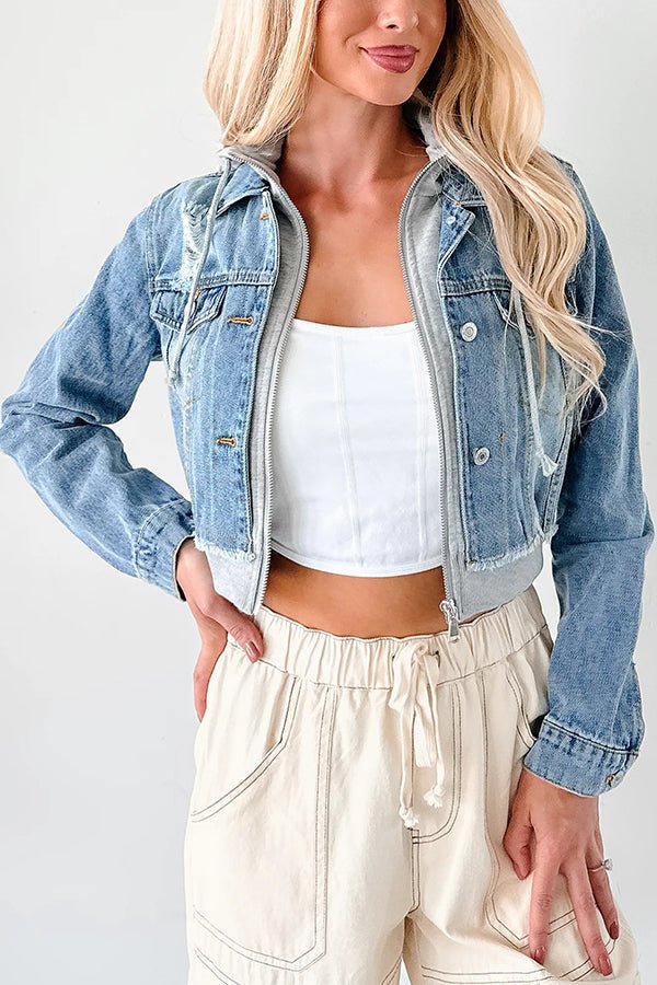 Lässige Jeansjacke mit Kapuze und Patchwork - Muster - Livezo