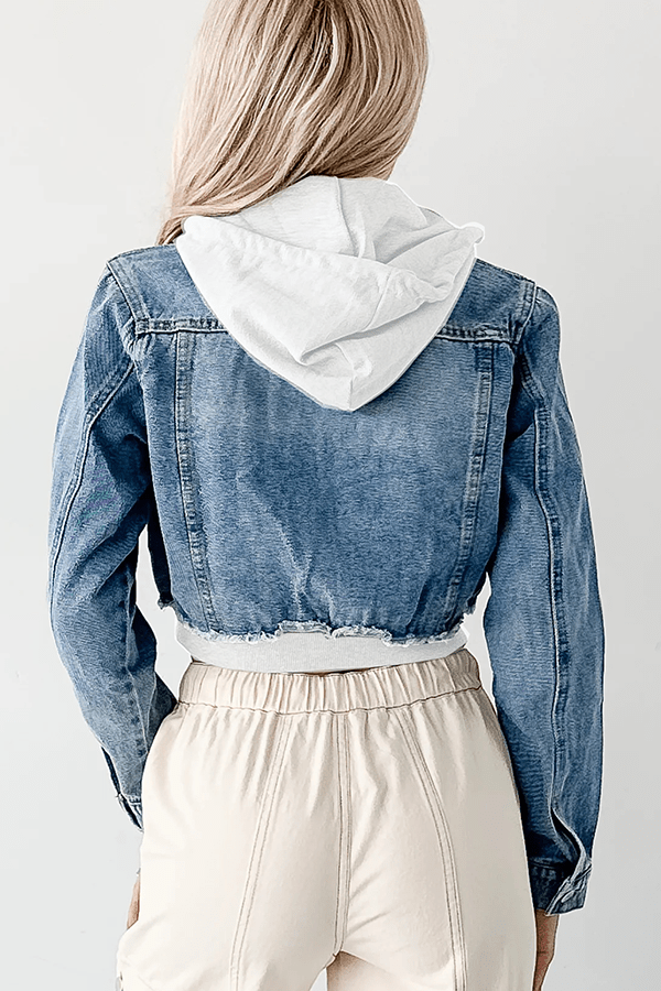 Lässige Jeansjacke mit Kapuze und Patchwork - Muster - Livezo