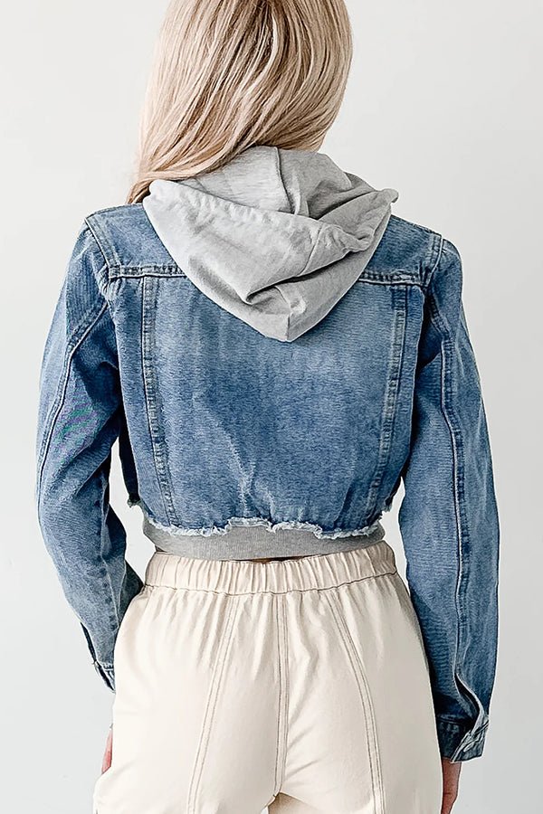 Lässige Jeansjacke mit Kapuze und Patchwork - Muster - Livezo