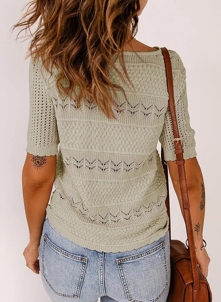 Leichtes Strickshirt mit Häkelmuster und kurzen Ärmeln - Livezo