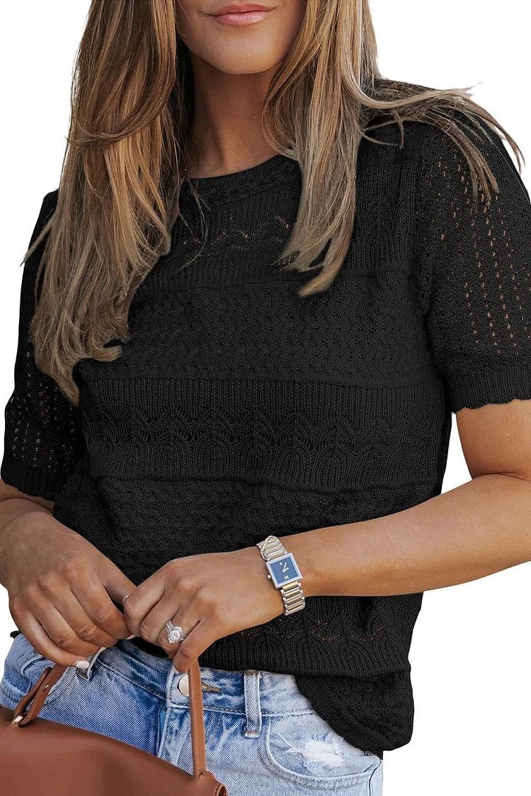 Leichtes Strickshirt mit Häkelmuster und kurzen Ärmeln - Livezo