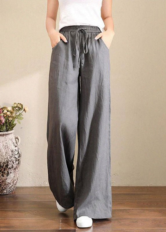 Leinenhose in französischem Grau mit weitem Bein, elastischem Bund und Taschen - Livezo