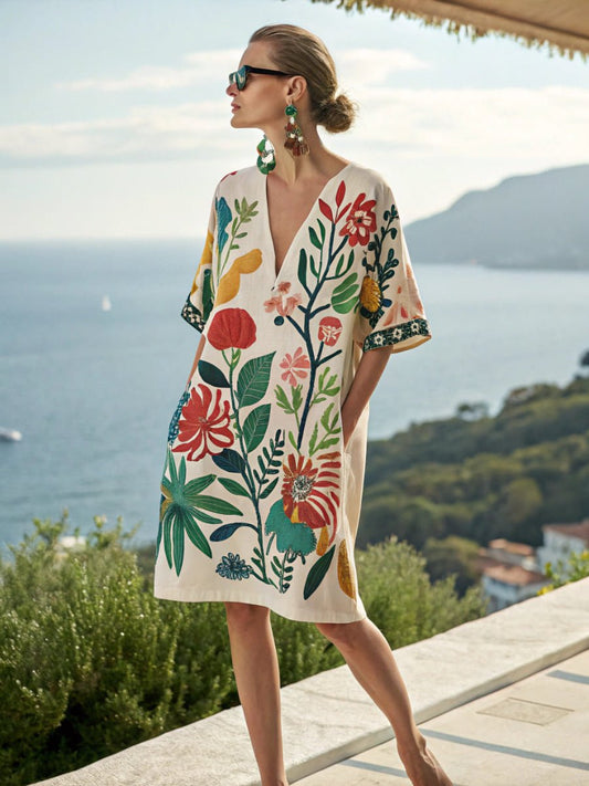 Locker fallendes geblümtes Leinenkleid mit V - Ausschnitt - Livezo