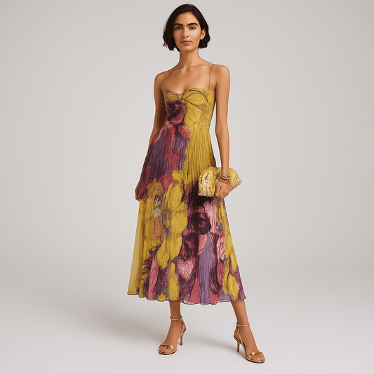 Maxikleid mit Blumenmuster, Herzausschnitt und Plisseefalten - Livezo