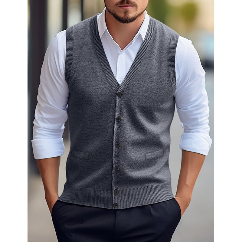 Men's V-Neck Knit Vest With Button Front - Harren Cole