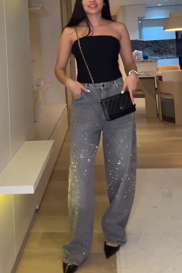 Rhinestone High Waist Gerade Locker Lässige Jeans mit Taschen - Livezo