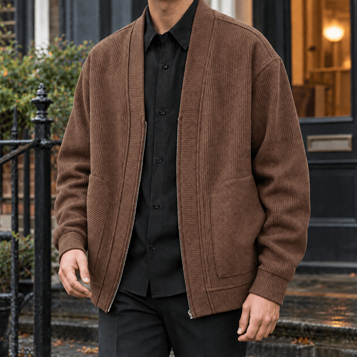 Ribbed Knit Zip Front Jacket - Harren Cole