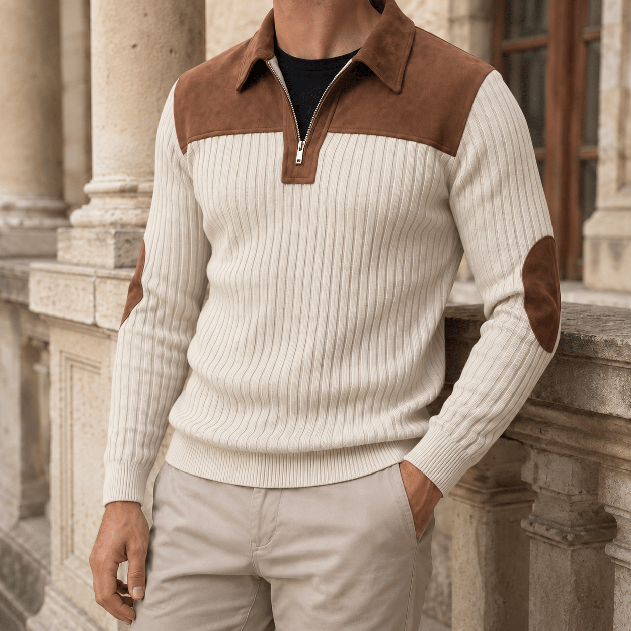 Ribbed Quarter Zip Sweater With Elbow Patches - Harren Cole
