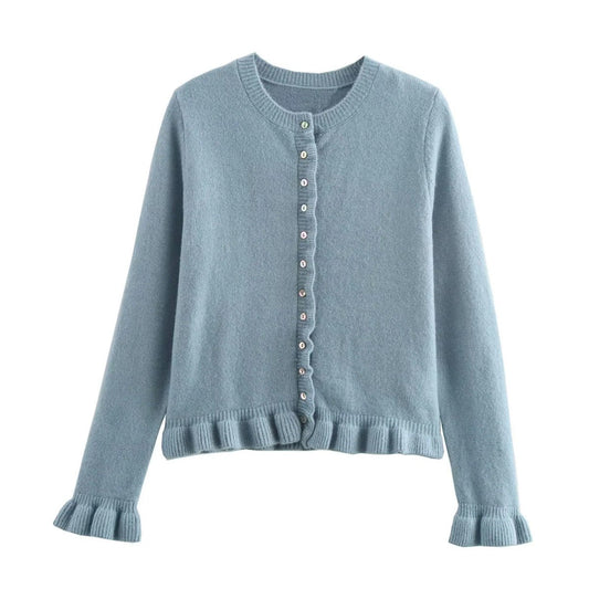 Rüschenbesetzter Damen - Cardigan mit Knöpfen, schickes Lagen - Oberteil - Livezo