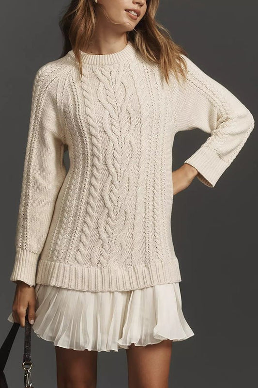 Strickpullover - Kleid mit Plisseefalten am Chiffon - Saum - Livezo