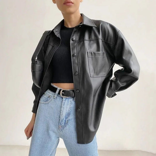 Vintage Leder - Bomberjacke mit Reverskragen und Knopfverschluss - Livezo