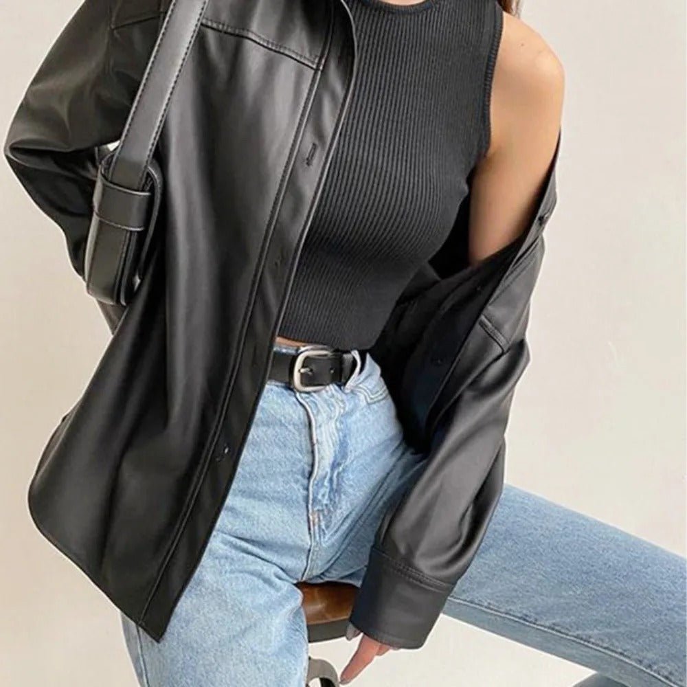 Vintage Leder - Bomberjacke mit Reverskragen und Knopfverschluss - Livezo
