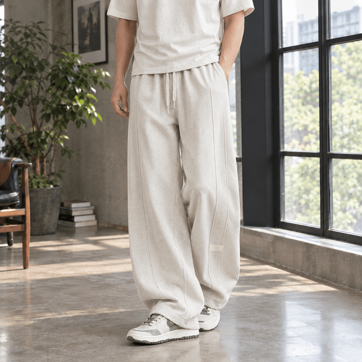 Wide-Leg Pants Textured Cotton Blend - Harren Cole