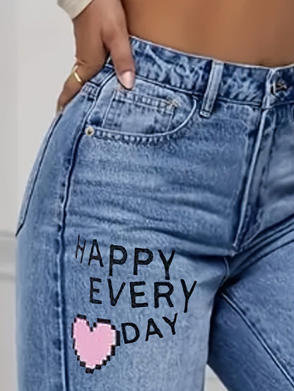 Fett bedruckte High-Waist Jeans mit weitem Bein