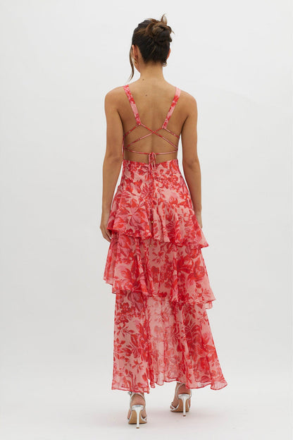 Maxikleid mit Blumenmuster, Rüschen und Trägern, sommerlich schick