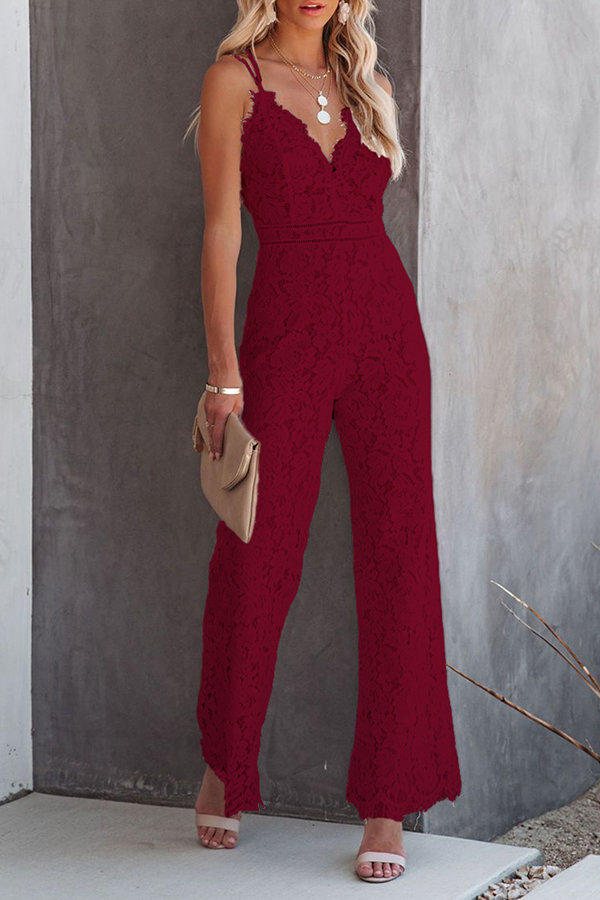 Solider Patchwork Rückenfreier Jumpsuit mit V-Ausschnitt und geradem Schnitt