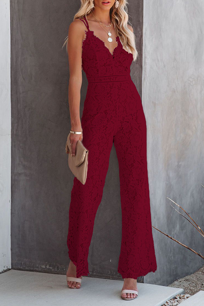 Solider Patchwork Rückenfreier Jumpsuit mit V-Ausschnitt und geradem Schnitt
