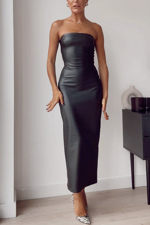 Schulterfreies Kunstleder Bleistift-Maxikleid im Tube-Stil