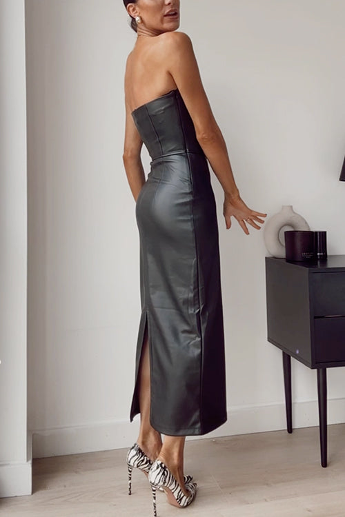 Schulterfreies Kunstleder Bleistift-Maxikleid im Tube-Stil