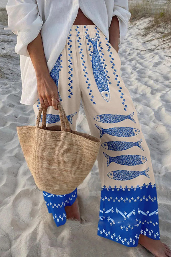 Hosen mit maritimem Print, elastischem Bund, lockerem Schnitt und Taschen
